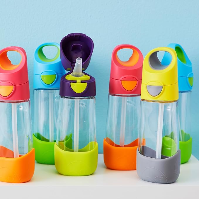 b.box Kids Water Bottle – 20oz Tritan Toddler Drink Bottle with Straw for School, Daycare, Travel w/Easy-Grip Triangular Design, Leak Proof Lid & Handle, BPA Free, Dishwasher Safe (Lilac Pop)