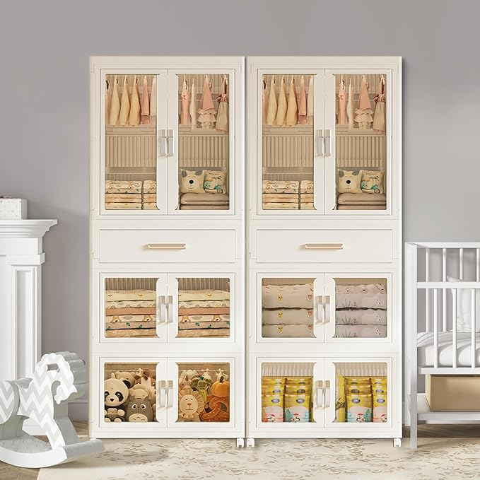 Portable Kids Wardrobe Closet with Doors, Plastic Baby Wardrobe Storage Cabinet with Hanging Rod Children's Clothes Closet Costume Storage Organizer (1 Pack)