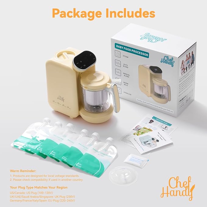 Chefhandy Baby Food Maker, Steamer & Blender with Stainless Steel Basket, Puree Maker with Auto/Manual Blend, Bottle Warmer & Sterili-zer, Safe & Easy-to-Clean Compact Baby Food Processor (Yellow)