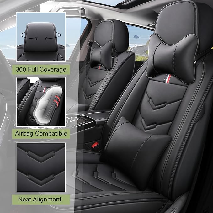 Leather Car Seat Covers Fit for LR Range Rover Sport 2023-2025, 5 Seater Waterproof and Wear-Resistant Seat Cover Interior Accessories(Full Set with Pillow,Black)