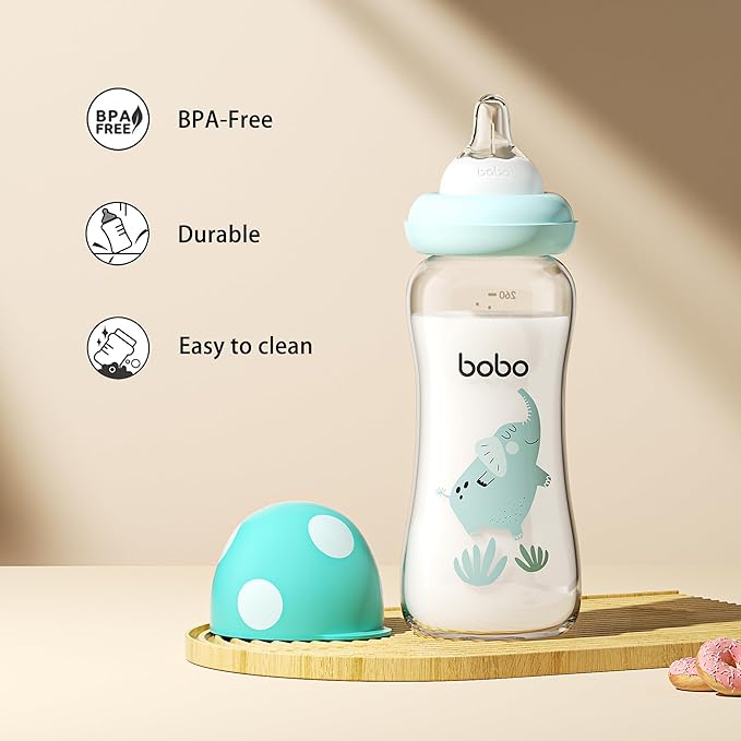 YOHKOH Natural Glass Baby Bottle with Natural Response Nipple, Newborn Anti-Colic Baby Bottles, Wide Neck Mushroom Cap Baby Bottle, Clear (8.8ounce (Pack of 4), Blue2)