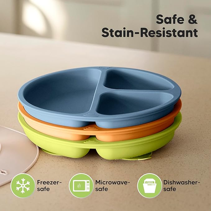 KeaBabies Suction Plates for Baby, Toddler - 3-Pack 100% Silicone Toddler Plates with Suction, Divided, BPA-Free Baby Led Weaning Essentials for Kids, Dishwasher, Microwave Safe, Durable (Kea)