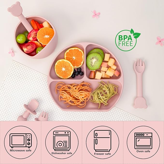 Baby Feeding Set, 13PCS Silicone Baby Self Feeding Set, Toddler Led Weaning Utensils Set with Suction Bowl and Plate, 3 Set of Baby Spoon and Fork, Adjustable Bid, Sippy Cup with Straw and 2 Lids