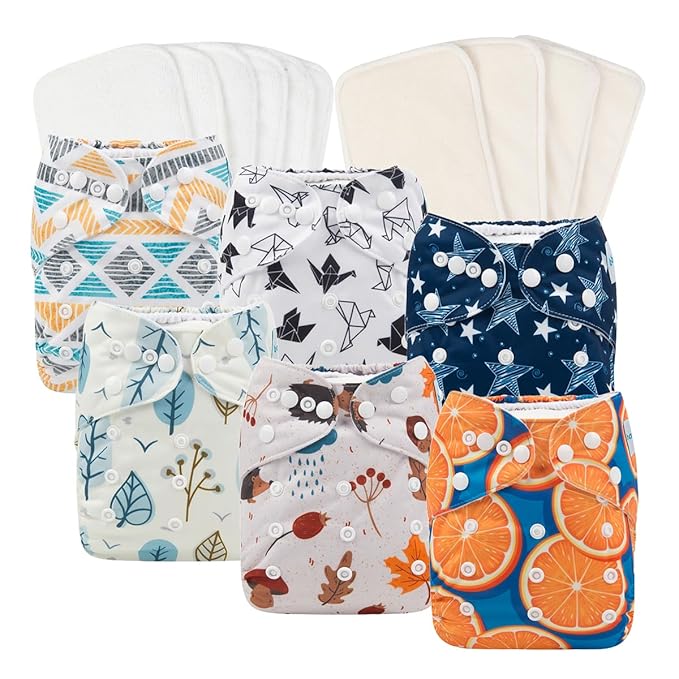Babygoal Baby Reusable Neutral Cloth Diapers 6 Pack with 10pcs Inserts, One Size Adjustable Washable Pocket Nappy Covers for Baby Boys and Girls 6FN05