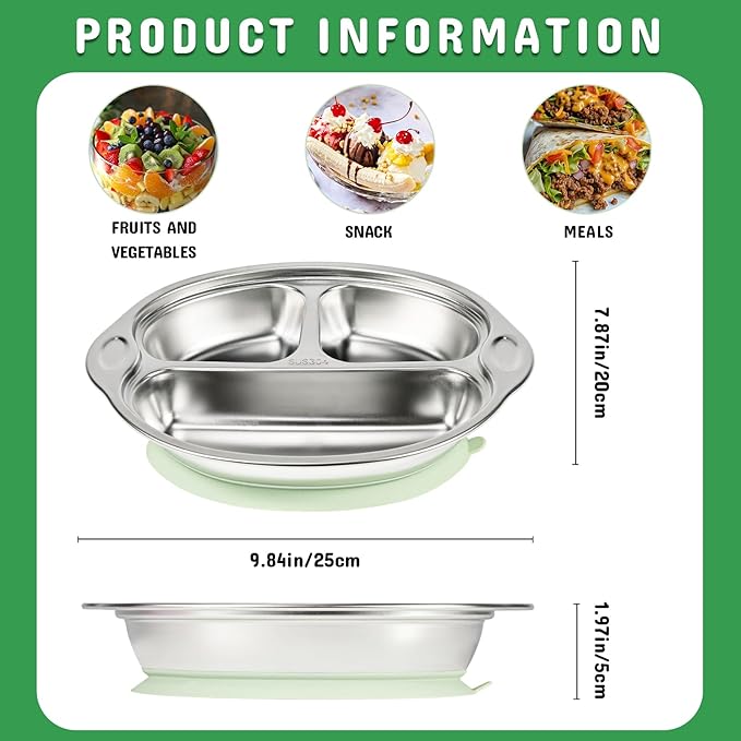 Stainless Steel Baby Suction Plates: Divided Plates for Babies and Toddlers, Made of 100% Food-Grade Materials Ideal for Baby-Led Weaning BPA-Free Toddler Feeding Dishwasher Safe Green