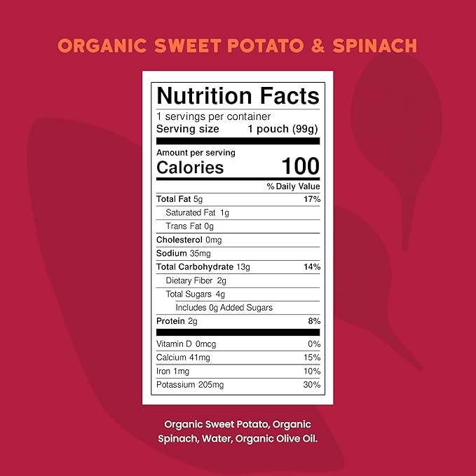 Serenity Kids 6+ Months USDA Organic Veggie Puree Baby Food Pouches - No Added Sugar or Fruit & BPA-Free & Allergen-Free - Sweet Potato & Spinach Baby Snacks - 3.5 Oz, 12 Pack