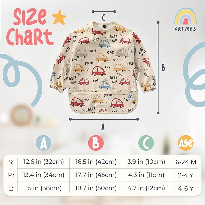 ARI MES Long Sleeves Waterproof Baby Bibs for Eating - Rainbow, Medium- Wearable, Coverall for Toddler, Long Sleeve Bib, Smock Apron for Feeding - Applicable for 6-72 Months