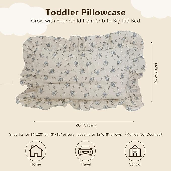 BuLuTu Cotton Muslin Toddler Pillowcases with Blue Flowers Print Soft Breathable Gauze Small Pillow Case for Toddler Boys Girls Nursery Decor, Shower Gift, 14"x20", 1 pc