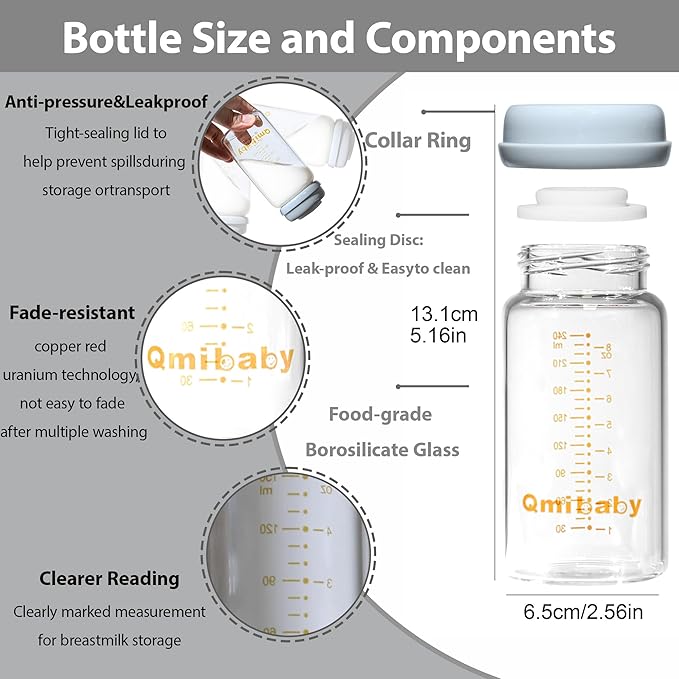 Breast Milk Storage Bottles 240ml 8oz BPA-Free Leak-Proof Baby Bottle for Breastmilk Storage Wide Neck Bottles with Screw Ring Sealing Disk Breastfeeding (Grey, 240ml-6Packs)