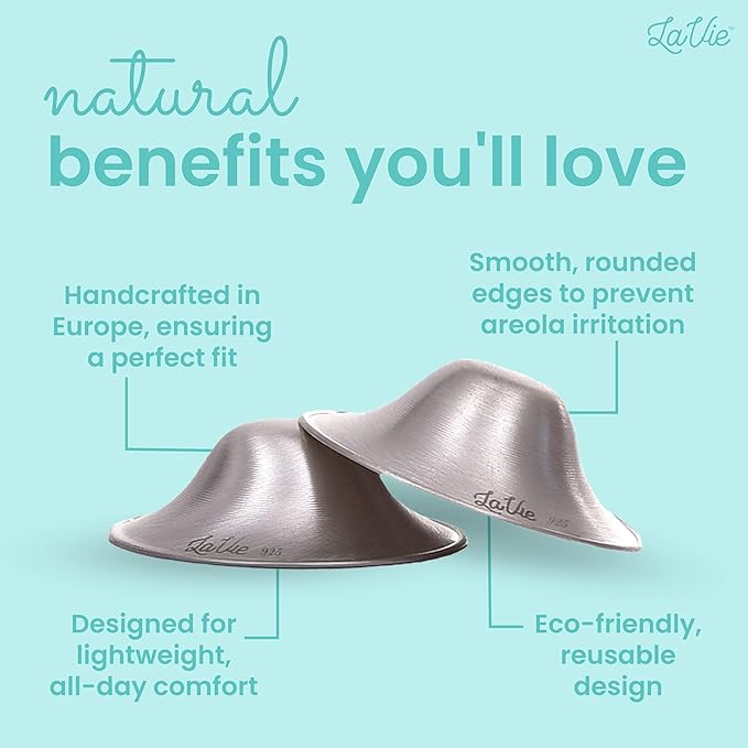 LaVie Silver Nursing Cups, Soothing Protection for Nursing Nipples of Newborns, Calming Relief for Breastfeeding Moms, 925 Silver Nipple Covers All Natural (Size 1)
