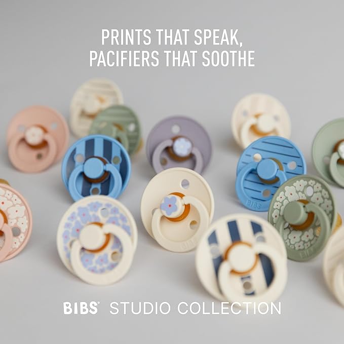 BIBS Pacifiers - Studio 2 Pack | Round Nipple Baby Pacifier | BPA Free Natural Rubber Latex Soother | Made in Denmark | Size 6+ Months | Pin Ivory