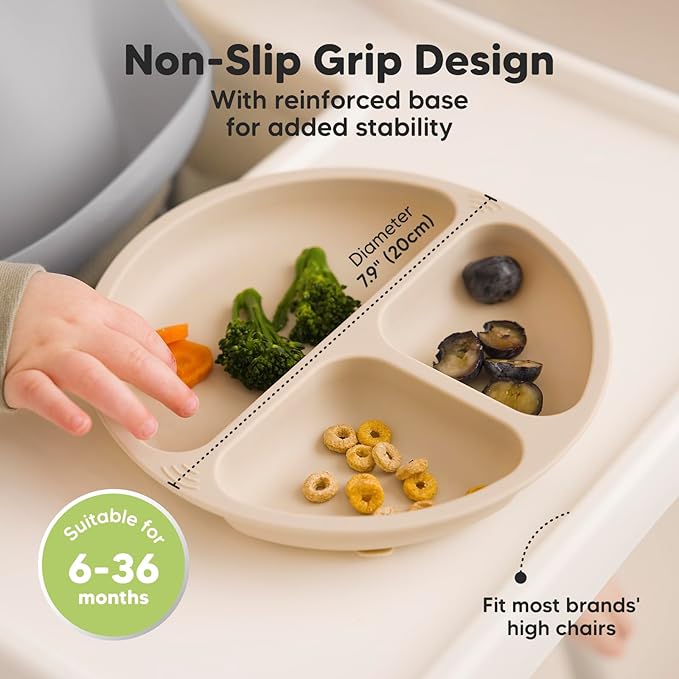 KeaBabies Suction Plates with Lids for Baby - 3-Pack 100% Silicone Toddler Plates with Suction, Divided, BPA-Free Baby Led Weaning Essentials for Kids, Dishwasher, Microwave Safe, Durable (Slate)