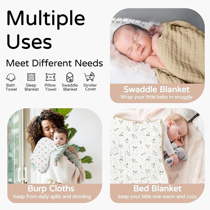 Yoofoss Hooded Baby Towels for Newborn 2 Pack 100% Muslin Organic Cotton Baby Bath Towel with Hood for Babies, Infant, Toddler and Kids, 32x32Inch, Soft and Absorbent Newborn Essential, Beige Floral
