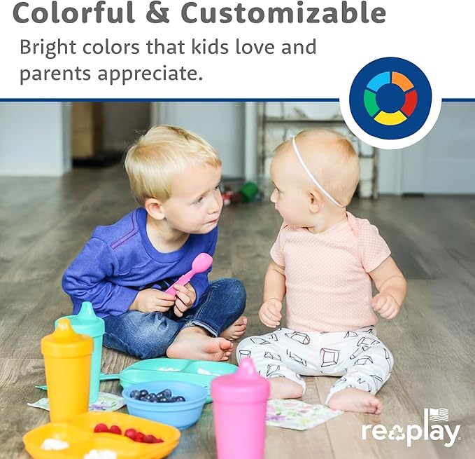 Re-Play Toddler Plates with Dividers - Deep-Walled 3 Compartments Divided Plates for Kids - Dishwasher & Microwave Safe - Made in USA - Set of 4-7.37" x 7.37" x 1.25" - Aqua