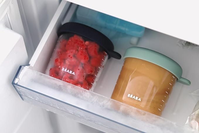 BEABA 6 Pack Glass Baby Food Jars with Soft Silicone Air Tight Lids, 8 oz Glass Storage Containers with Lids, Microwave and Freezer Safe Containers, Sunrise