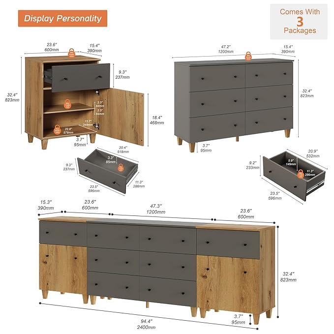 WMAPAT 8 Drawers Dresser Chests for Bedroom, 3-in-1 Modern Wood Closet Storage Organizer Furniture with Doors and Adjustable Shelves for Kids Room, Nursery, Dark Gray&Oak Brown, 94.4" Wide