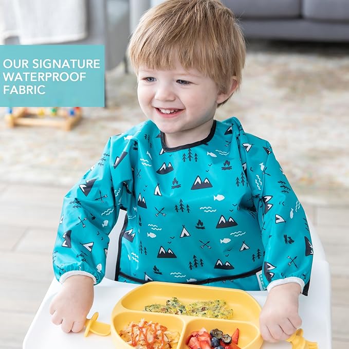Bumkins Sleeved Bib for Girl or Boy, Baby and Toddler for 6-24 Mos, Essential Must Have for Eating, Feeding, Baby Led Weaning Supplies, Long Sleeve Mess Saving Food Catcher, Fabric, Outdoors Blue