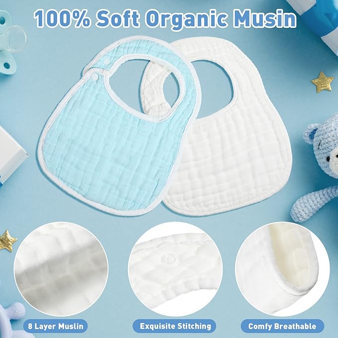 Yahenda 24 Pcs Muslin Baby Bibs Bandana Drool Bibs for Unisex Boys Girls Soft Cotton Drooling 8 Absorbent Layer,adjustable with Easy Snaps for Teething Baby Girl, Boy, Newborn Infant