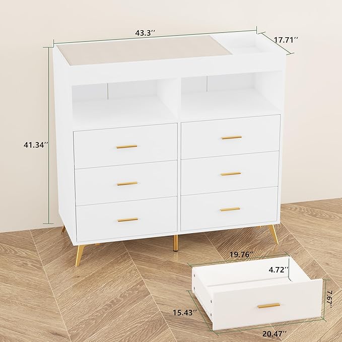 Changing Table Dresser with Drawers, Baby Dresser with Changing Table Top, Power Outlet, LED Light & Metal Feet, Diaper Changing Station Nursery Organizer for Infants Newborn, White