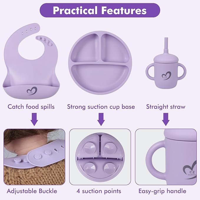 Silicone Baby Feeding Set Essentials,13 Pcs,Baby Led Weaning Supplies, Baby Spoons Suction Bowl Divided Plate Bib Cup Finger Brush,First Stage Solid Food Eating Utensils - 6 Months + (Blue Gray)