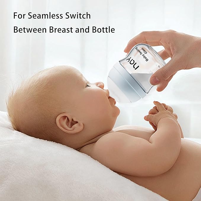Natural Glass Baby Bottle Wide Neck, Newborn Anti-Colic Baby Bottle, Clear, 3oz(Pack of 4), Includes 4Pcs Slow Flow Nipple(SS), 0 Months+