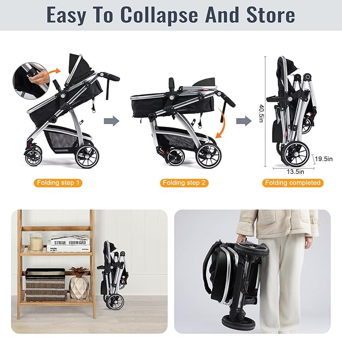 Baby Stroller, 2-in-1 Reversible Toddler Seat with Bassinet Mode, Foldable Infant Stroller with Canopy, One Button Brake, Adjustable Handle, Newborn Pushchair(Black)