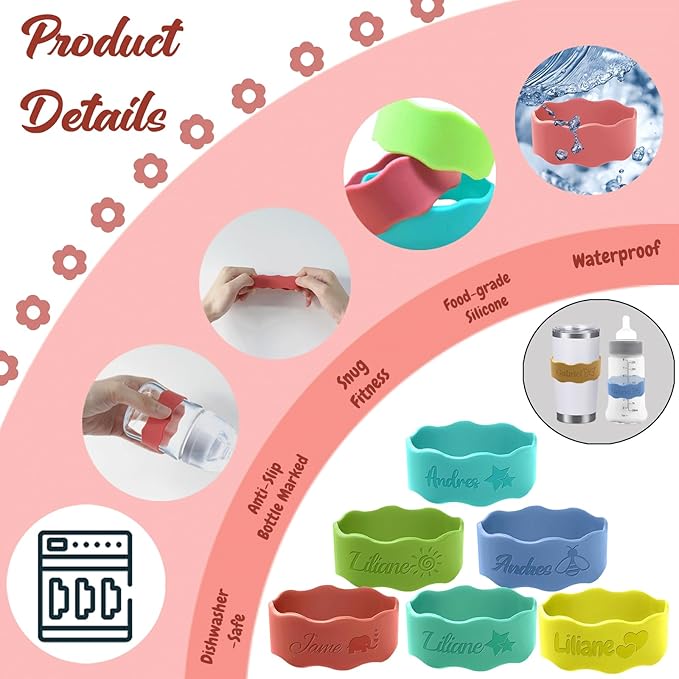 Personalized Baby Bottle Labels for Daycare Custom Water Bottle Name Bands Customized Engraved Silicone Baby Reusable Bottle Straps Labels for Cups School-Pink