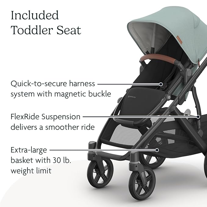 UPPAbaby Vista V3 Stroller - Full-Size Single-to-Double Stroller System - Toddler Seat, Bug Shield, Rain Shield, and Storage Bag Included - Kenzi (Mystic Aqua/Carbon Frame/Saddle Leather)