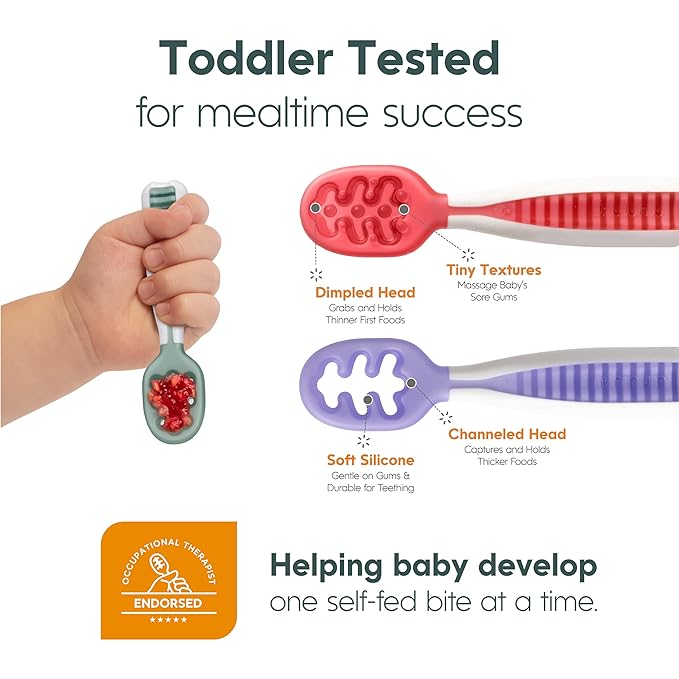 NumNum Baby Spoons Set, Baby Essentials Pre-Spoon GOOtensils for 6+ Months, First Stage Self-Feeding Spoons for Baby Led Weaning (BLW), Silicone Toddler Utensils, BPA-Free, 6 Pack Rainbow