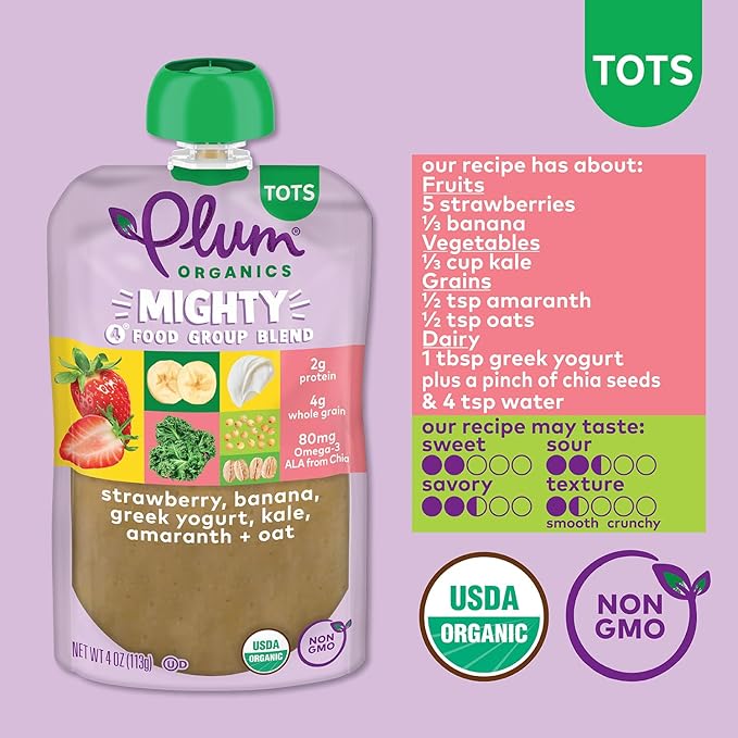 Plum Organics Mighty 4 Organic Toddler Food - Strawberry, Banana, Greek Yogurt, Kale, Amaranth, and Oat - 4 oz Pouch (Pack of 12) - Organic Fruit and Vegetable Toddler Food Pouch