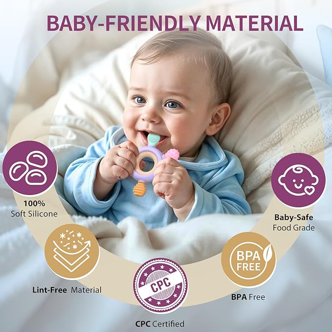 akolik Teething Toys for Babies, Baby Teethers Toy Teething Ring Silicone, Grasping Teething Toy, BPA Free Teething Newborn Accessories for Baby 0 3 6 9 12 18 Months (Purple)