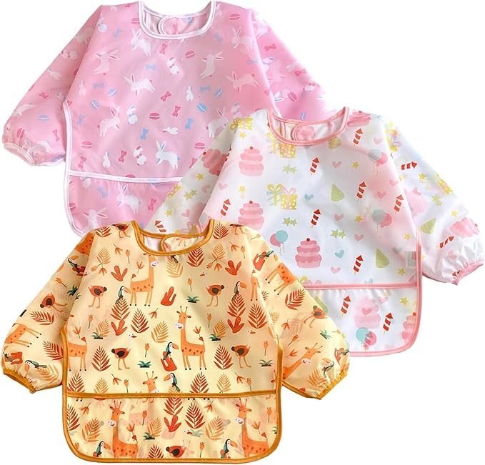 PandaEar (3 Pack Long Sleeve Bibs| Waterproof Full Sleeve Bib for Baby Infant Toddler 6-36 Months