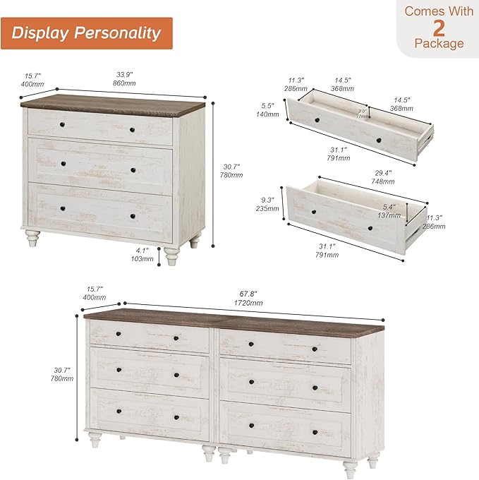 WAMPAT Kids Dresser for Bedroom with 6 Drawers, Baby Dressers with Wide Chest of Drawers, Farmhouse Wooden Closet Storage Organizer, Large Wood Dressers for Living Room, Nursery, Hallway, Rustic White