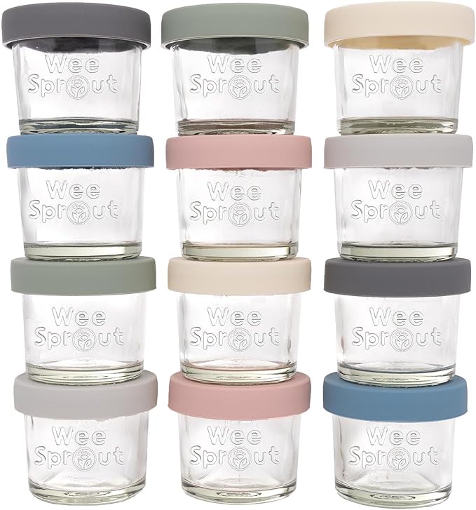 WeeSprout Glass Baby Food Storage Jars w/Lids (4 oz, 12 Pack Set) Snack, Puree, Reusable Small Containers, Breast Milk, Fridge or Freezer, Microwave & Dishwasher Safe, Essential Must Have for Infants