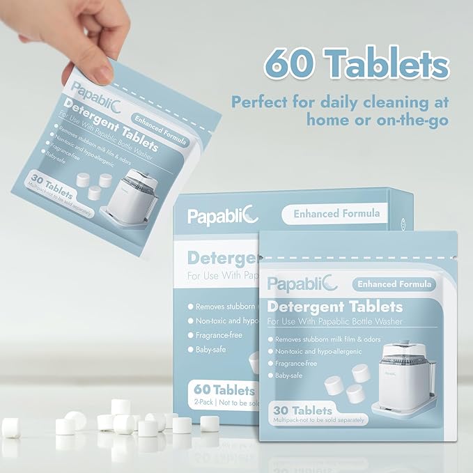 Papablic 60Pcs Official Detergent Soap Tablets for Baby Brezza, GROWNSY, Momcozy Bottle Washer Pro & Portable Bottle Warmer, Compact Travel-Friendly Packs Washing Block