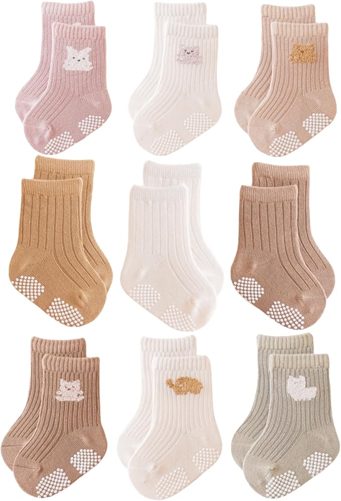 Baby Crew Socks,Grips Combed Cotton Socks Toddler Non-Skid for Girls,Boys Non Slip/Anti Skid 9-Pack