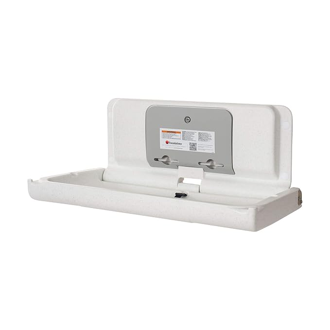 Foundations Ultra Horizontal Wall Mounted Baby Diaper Changing Station, Oversized Changing Surface, Plastic with Stainless Steel Hinge - White Granite (200-EH-03)