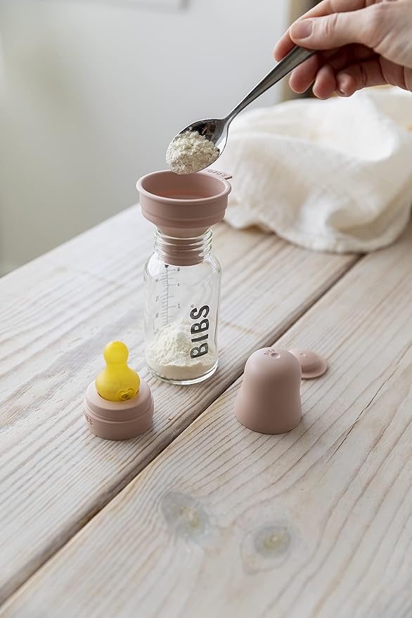 BIBS Baby Glass Bottle. Anti-Colic. Round Natural Rubber Latex Nipple. Supports Natural Breastfeeding, Complete Set - 110 ml, Cloud