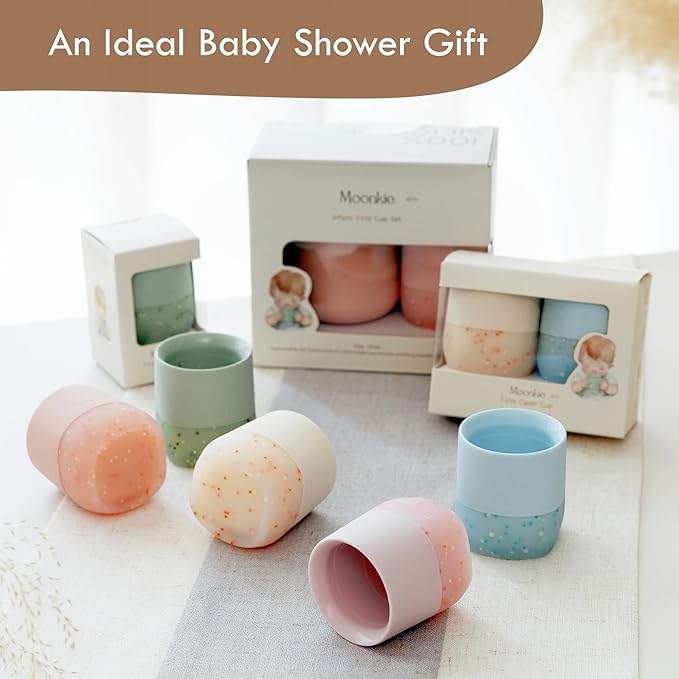 Moonkie Silicone Baby Cup 4 Months+ | Tiny Open Training Cup for Infants with Confetti Sprinkles | Baby-Led Weaning Essential | 2 oz (Ivory, 1 Pack)