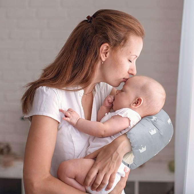 Nursing Arm Pillows for Breastfeeding,Baby Feeding Arm Pillow Portable and Washable for Travel, Soft Cotton Ergonomic Bottle Nursing Essentials（Grey Crown）