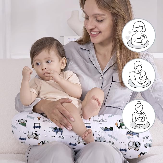 Little Grape Land Nursing Pillow for Infants, Breastfeeding Pillows, Baby Support Pillow for Nursing, Bottle Feeding, Tummy Time with Machine Washable Cover & Breathable Filling (Construction Truck)