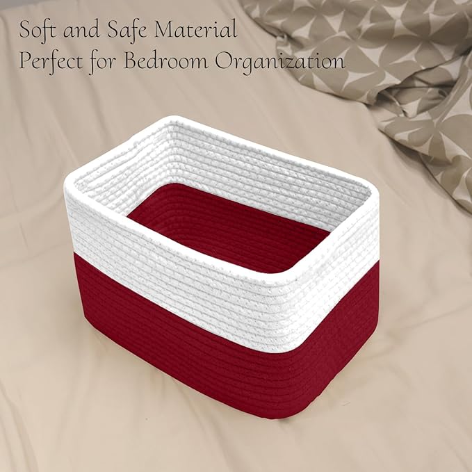 Hopegiver 3 Pack Storage Baskets for Organizing with Handle, Woven Baskets for Shelves - Durable Gift Basket for Cloth Toys Books Baby, Cotton Rope Basket for Dog Cat, 11x8x7 Inch(White&Red)