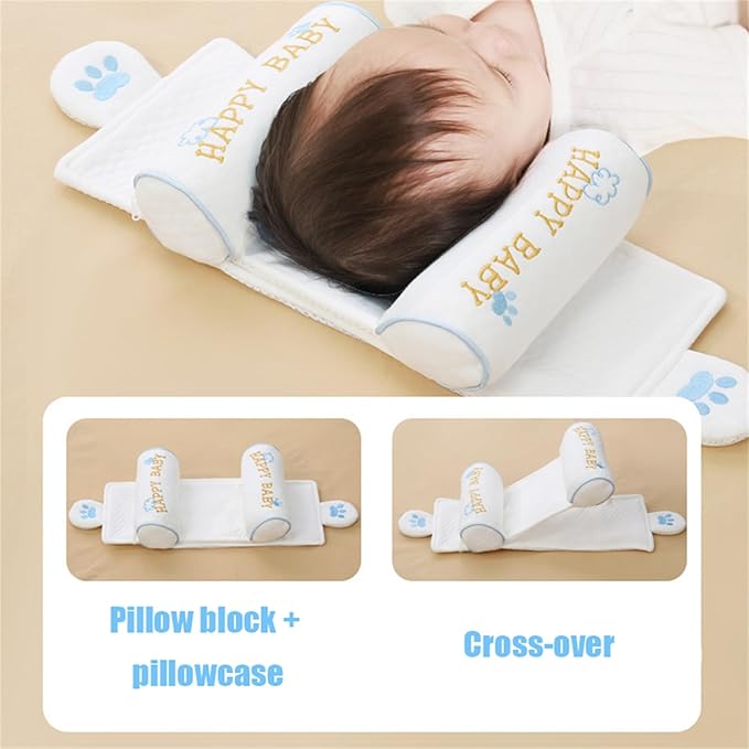 Kariney Baby Pillow, Compariston All-Season Breathable Pillow for Baby Development, Organic Cotton Adjustable Infant Head Cushion (Blue,Deer)
