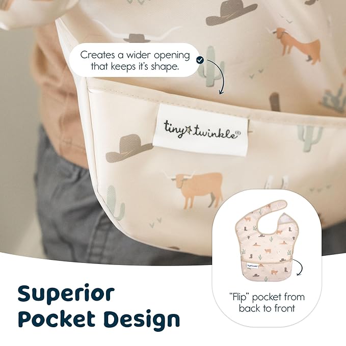 Tiny Twinkle Mess Proof Baby Bibs for Eating – Waterproof, Wipeable Toddler Bibs with Pocket – Baby Food Bibs for Girls & Boys(3 Pack,Cowboy)