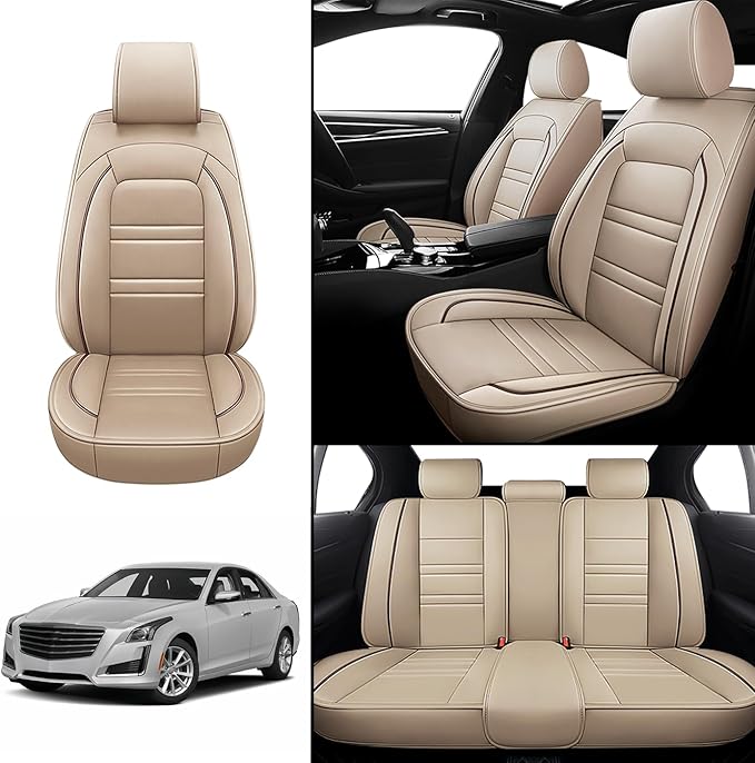 Seat Covers for Cadillac cts 2003-2019 | 5-Seats Leather Seat Covers, Easy to Install Automotive Seat Covers Full Set (Full Set, Beige)