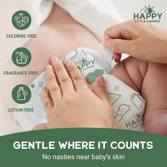 Happy Little Camper Ultra-Absorbent Super Saver Baby Diapers Size 2 - Hypoallergenic, Unscented & Chlorine-Free Disposable Diapers (200 Count) Come with Flushable Wipes (200 Count) for Sensitive Skin