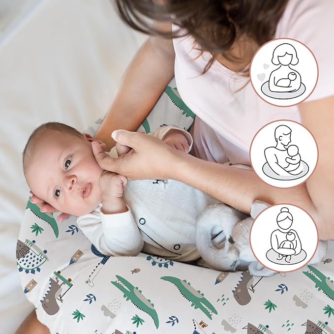 Little Grape Land Nursing Pillow for Infants, Breastfeeding Pillows, Baby Support Pillow for Nursing, Bottle Feeding, Tummy Time with Machine Washable Cover & Breathable Filling (Wild Dinosaur)