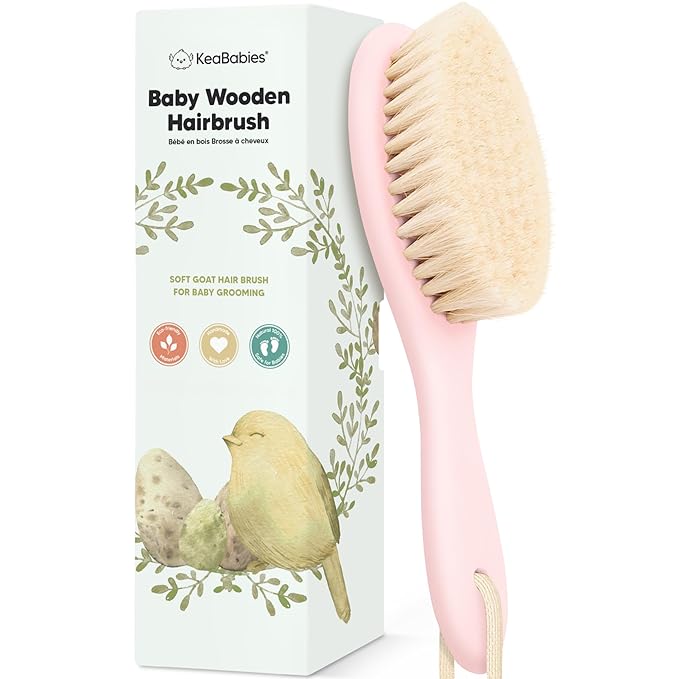 Wooden Baby Hair Brush - Cradle Cap Baby Brush with Soft Goat Bristles, Perfect Gentle Scalp Newborn Comb for Infant, Girls, Boys, Bath Essentials (Blush, Oval)