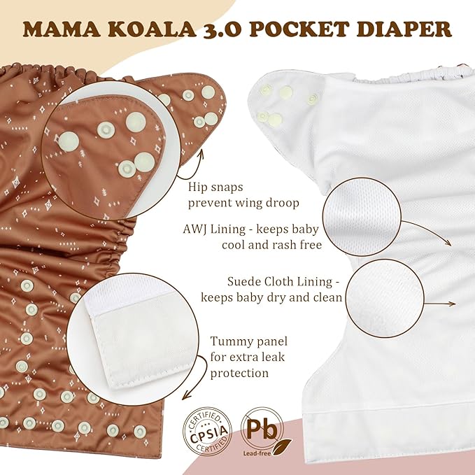Mama Koala 3.0 Cloth Diapers for Babies with AWJ Lining, 6 Pack with 6 Natural Cloth Diaper Inserts - Reusable and Washable Pocket Diapers (Jagger-R)