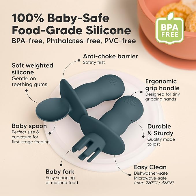 KeaBabies 4-Pack Silicone Baby Spoons and Forks Set - Baby Led Weaning Utensils 6-12 Months, Self Feeding Toddler Spoon & Fork for Training, Teething, Easy to Hold, BPA-Free Silicone (Rocky)